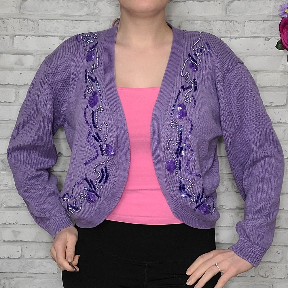Vintage Purple Beaded Sequin Knit Cardigan Grandmacore - Picture 3 of 12
